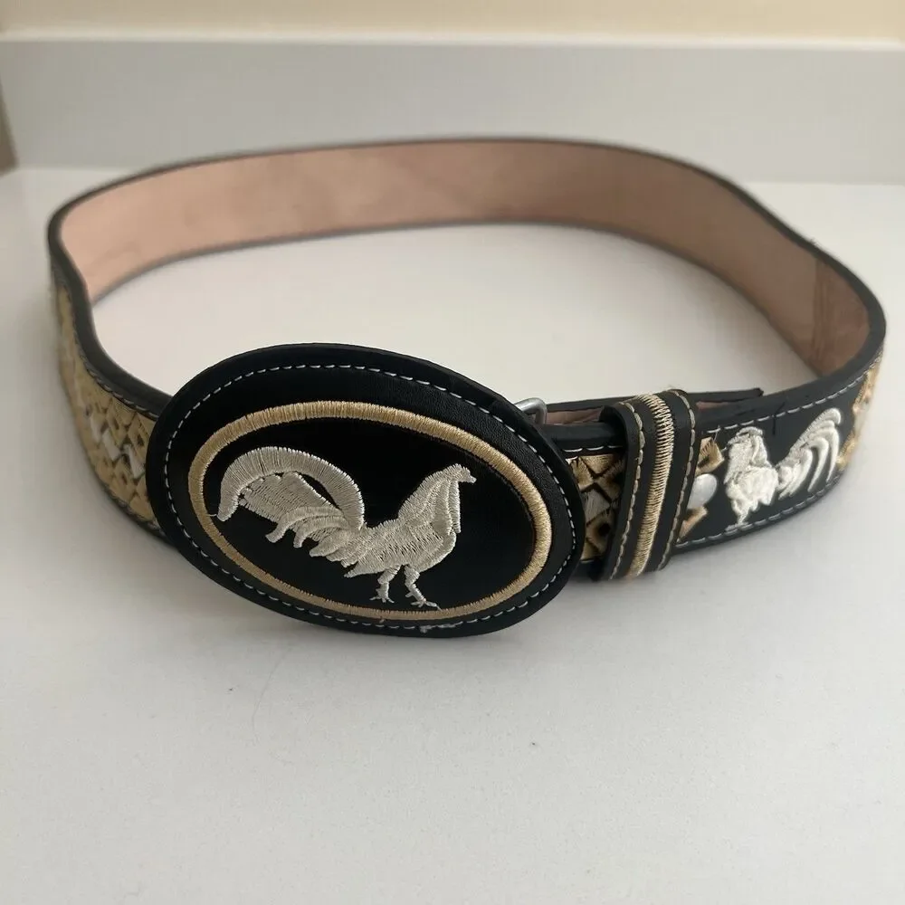 Mexican Piteado Rooster Gallo Embroidered Leather Belt Western Charro Size 38